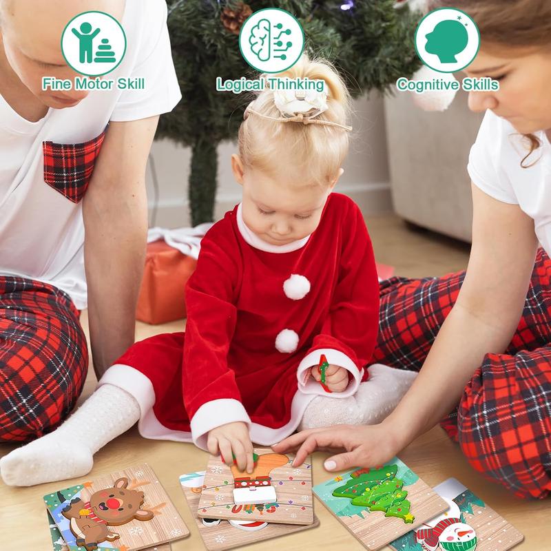 6 Pack Christmas Wooden Puzzles for Kids Christmas Stocking Stuffers for Toddlers 1-3 2-4 Toddler Christmas Toys Party Favors Gifts