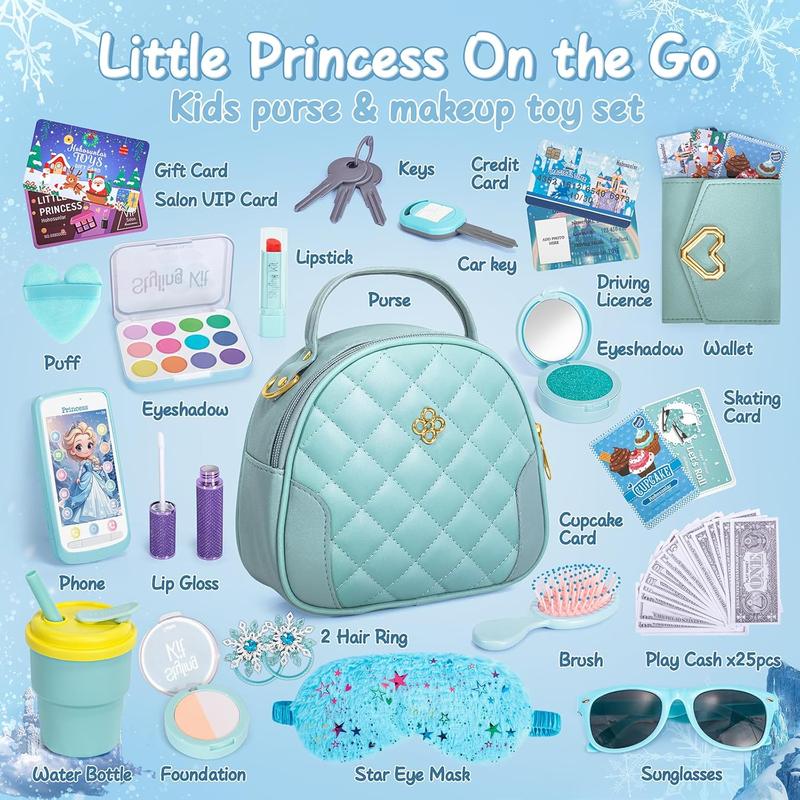 Christmas gift Play Purse for Little Girl, Princess Frozen Toy Purse with Accessories, Pretend Makeup Set, Handbag, Wallet Water Bottle Birthday Toy