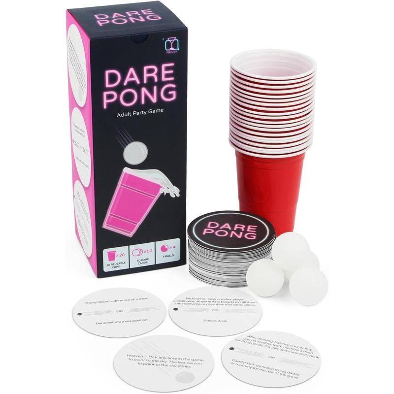 Drinking Game for Adults, Bachelorette Party Games, Adult Party Games - Full Beer Pong Set and 50 Coasters with Dares - Perfect for Couples Card Game, 21st Birthday Gifts for Her