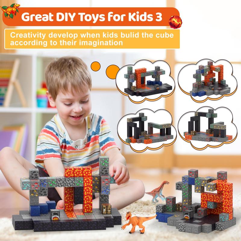 Magnetic Blocks-Build 110PCS Mine Magnet World Set Toys for Boys & Girls Age 6 7 8 9 10, STEM Montessori Stacking Building Toys for Toddlers Fidget Cubes Sensory Toy for Kids (110 Voicano & Dinosaur)