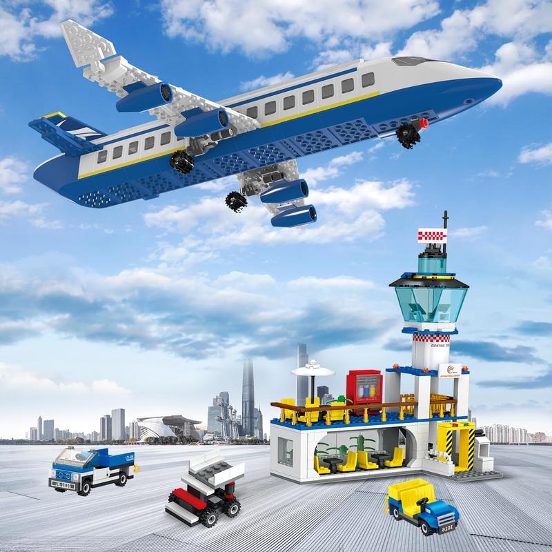 838 Piece Airport Passenger Terminal Building Blocks Set-6IN1 Airplane Building Blocks Toy, Creative Building Projectswith Shuttle Bus,Baggage Truck