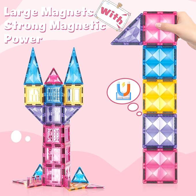 Magnetic Tile Castle 3D Building Block Set,Sensory STEM Educational Toddler Kids Toys,Pink,Birthday Gift for 3-8 Years Old