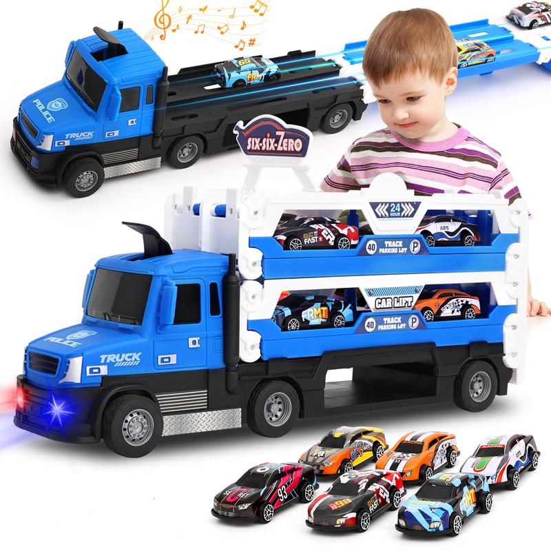 Big Transporter Truck Blue Toy Cars for Toddlers 3-5 with 55-Inch Ejection Race Track, Deform Catapulting and Shooting Folding Storage Car Carrier with 6 Race Cars for Kids Ages 3-5, 4-8