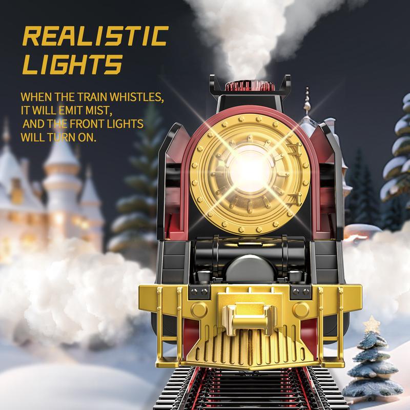 Christmas Train Set with Remote Control, Classic Steam Locomotive with Smoke, Light, and Sound Effects, Includes Track and Cargo Carriages, Perfect Holiday Decoration and Gift for Kids and Families