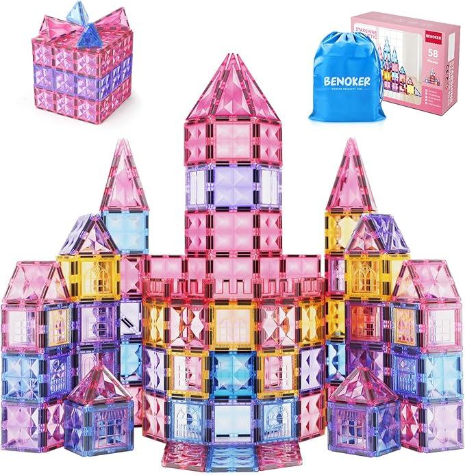 Magnetic Tile Castle 3D Building Block Set,Sensory STEM Educational Toddler Kids Toys,Pink,Birthday Gift for 3-8 Years Old