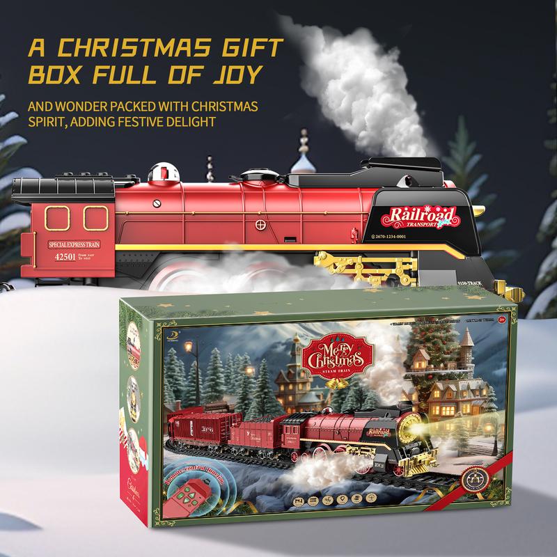 Christmas Train Set with Remote Control, Classic Steam Locomotive with Smoke, Light, and Sound Effects, Includes Track and Cargo Carriages, Perfect Holiday Decoration and Gift for Kids and Families