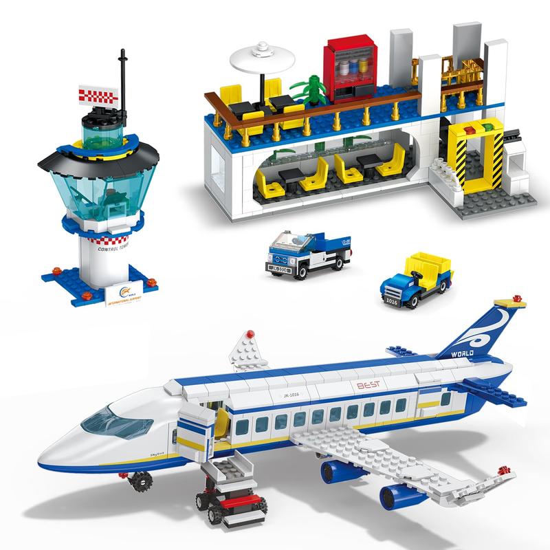 838 Piece Airport Passenger Terminal Building Blocks Set-6IN1 Airplane Building Blocks Toy, Creative Building Projectswith Shuttle Bus,Baggage Truck