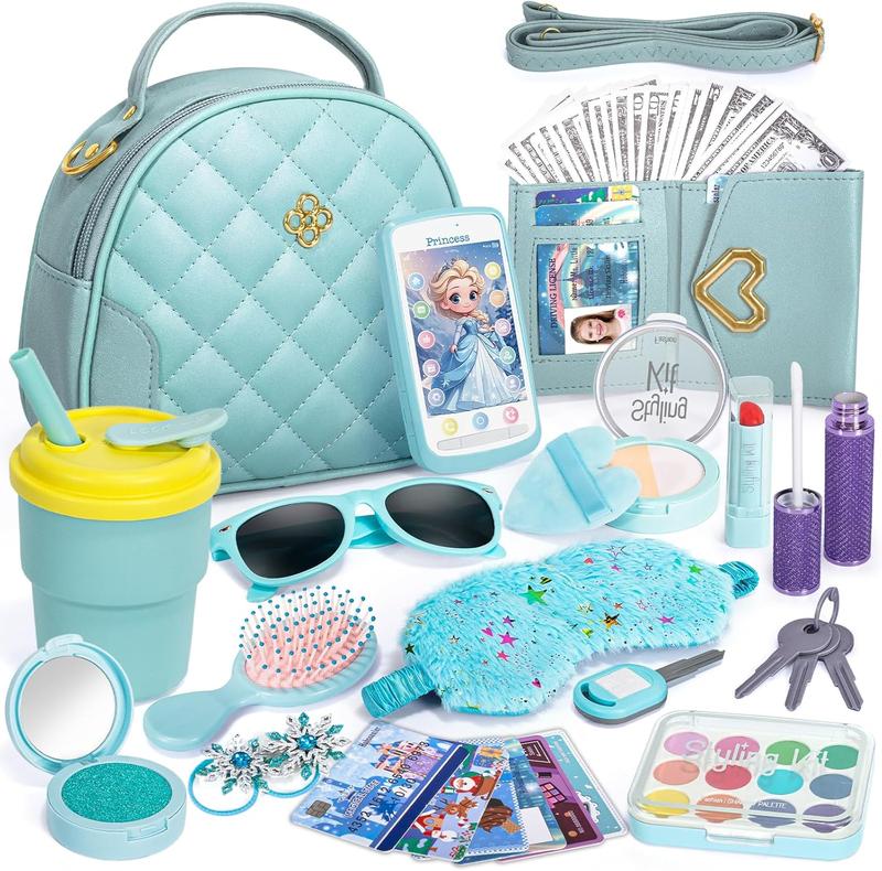 Christmas gift Play Purse for Little Girl, Princess Frozen Toy Purse with Accessories, Pretend Makeup Set, Handbag, Wallet Water Bottle Birthday Toy