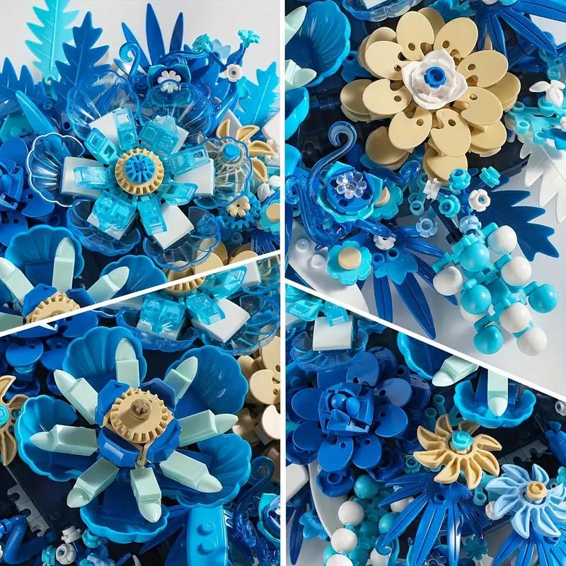 Blue flowers adult building set, centerpieces (917PCS), plant collection crafts for table or wall decoration, unique home decor gifts and exquisite gift boxes