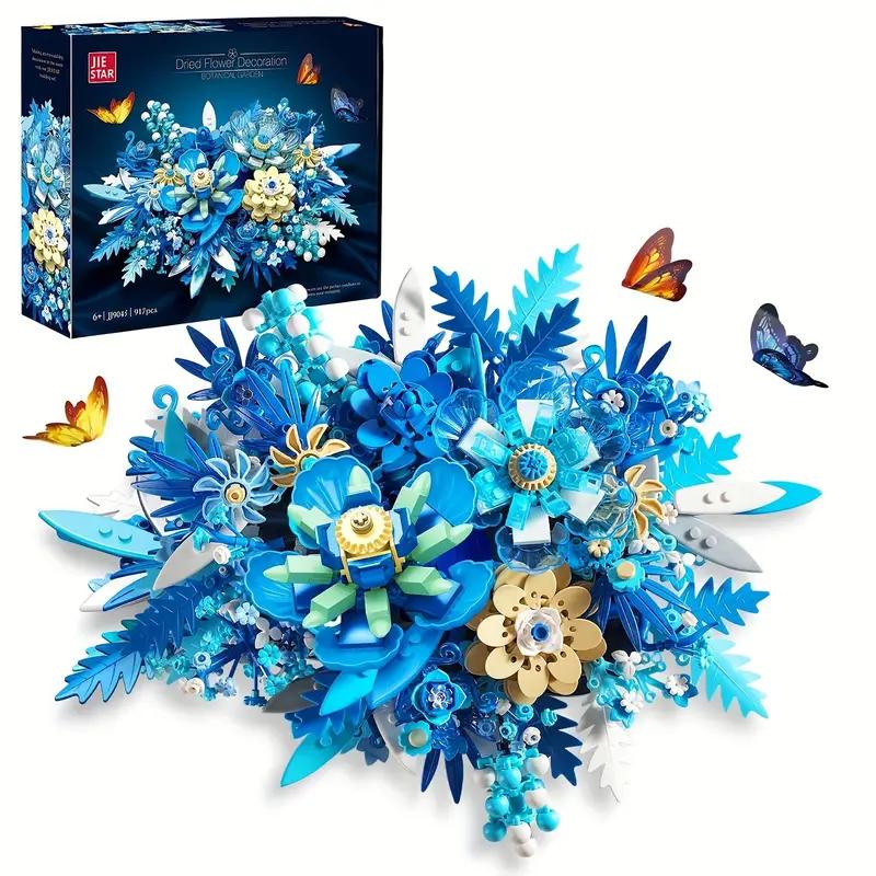 Blue flowers adult building set, centerpieces (917PCS), plant collection crafts for table or wall decoration, unique home decor gifts and exquisite gift boxes