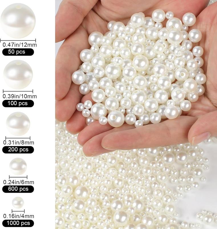 1950 Pieces Pearl Beads with Hole, 5 Size Pearls for Crafts, Round Loose Pearl Beads for Jewelry Making