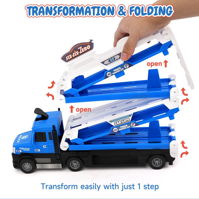 Big Transporter Truck Blue Toy Cars for Toddlers 3-5 with 55-Inch Ejection Race Track, Deform Catapulting and Shooting Folding Storage Car Carrier with 6 Race Cars for Kids Ages 3-5, 4-8