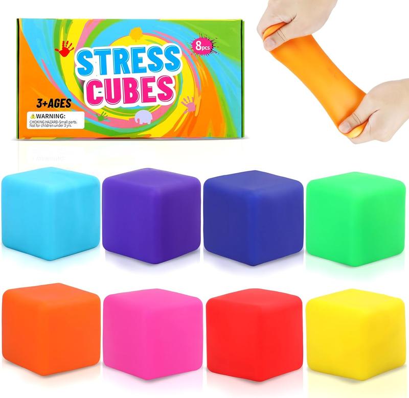 Stress Cube 8 Pack,Stretchy Fidget Toy for Anxiety Stress Relief,Classroom Stress Ball Toys,Cube Squishies for Adults Kids Children Teens