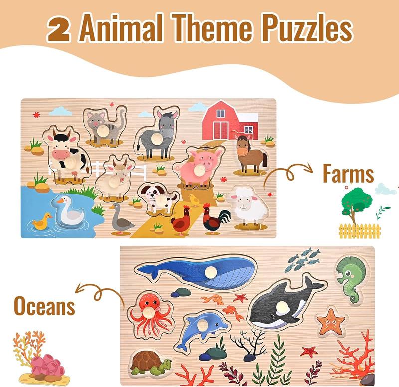 Wooden Peg Puzzles for Toddlers 1 2 3 Years Old, 2 Pack Montessori Educational Learning Puzzles Set, Toddler Puzzles Toy with Animal and Sea Themes, Great Preschool Present for Girls and Boys