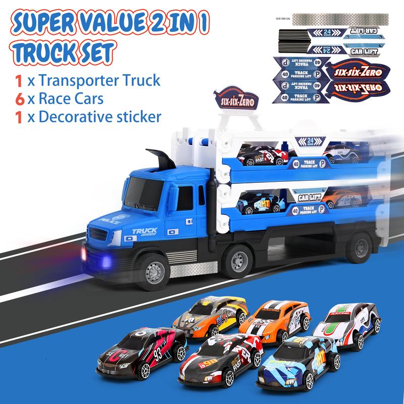 Big Transporter Truck Blue Toy Cars for Toddlers 3-5 with 55-Inch Ejection Race Track, Deform Catapulting and Shooting Folding Storage Car Carrier with 6 Race Cars for Kids Ages 3-5, 4-8