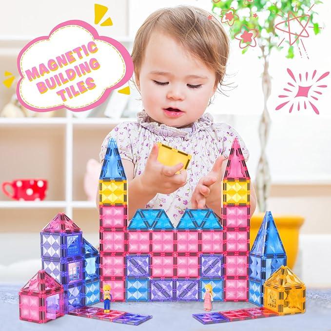 Magnetic Tile Castle 3D Building Block Set,Sensory STEM Educational Toddler Kids Toys,Pink,Birthday Gift for 3-8 Years Old