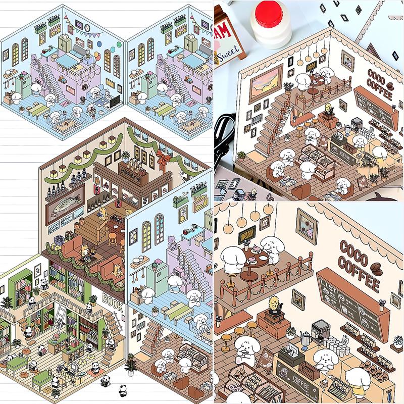 8 Sets Cute DIY 3D House Stickers, Fun Scene Make Stickers Cartoon 3D Supermarket, Coffee Shop, Restaurant, Bookstore Scene Stickers for Adult Kids Scrapbooking Crafts Party Decorations Supplies