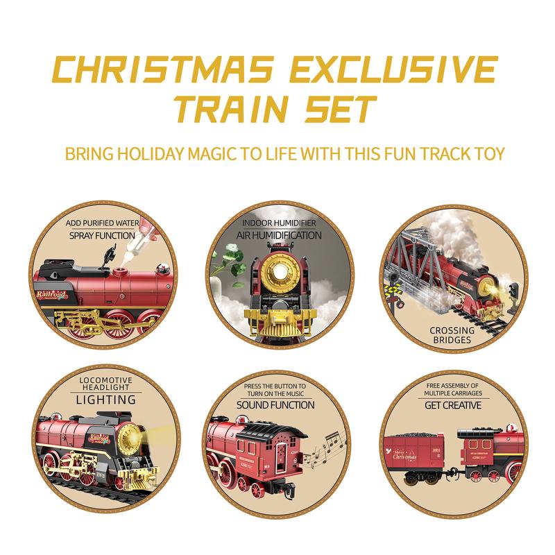 Christmas Train Set with Remote Control, Classic Steam Locomotive with Smoke, Light, and Sound Effects, Includes Track and Cargo Carriages, Perfect Holiday Decoration and Gift for Kids and Families