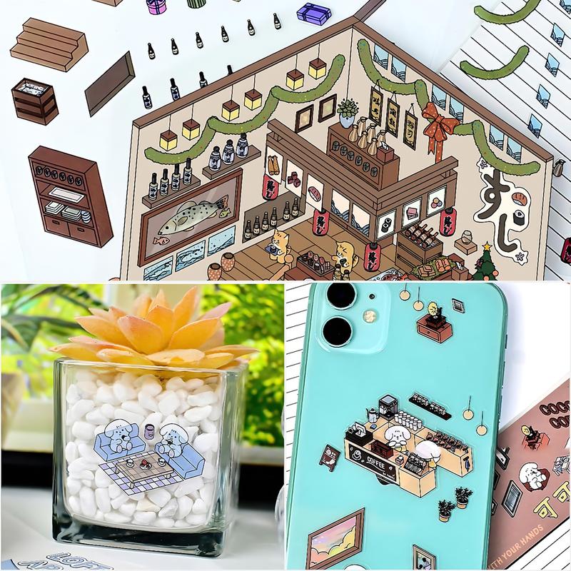 8 Sets Cute DIY 3D House Stickers, Fun Scene Make Stickers Cartoon 3D Supermarket, Coffee Shop, Restaurant, Bookstore Scene Stickers for Adult Kids Scrapbooking Crafts Party Decorations Supplies