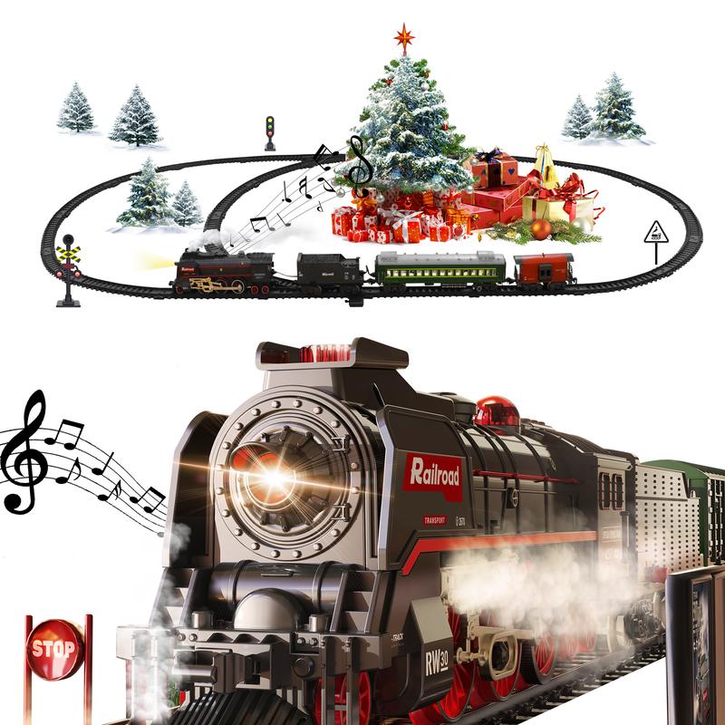 Christmas Train Set with Remote Control, Classic Steam Locomotive with Smoke, Light, and Sound Effects, Includes Track and Cargo Carriages, Perfect Holiday Decoration and Gift for Kids and Families