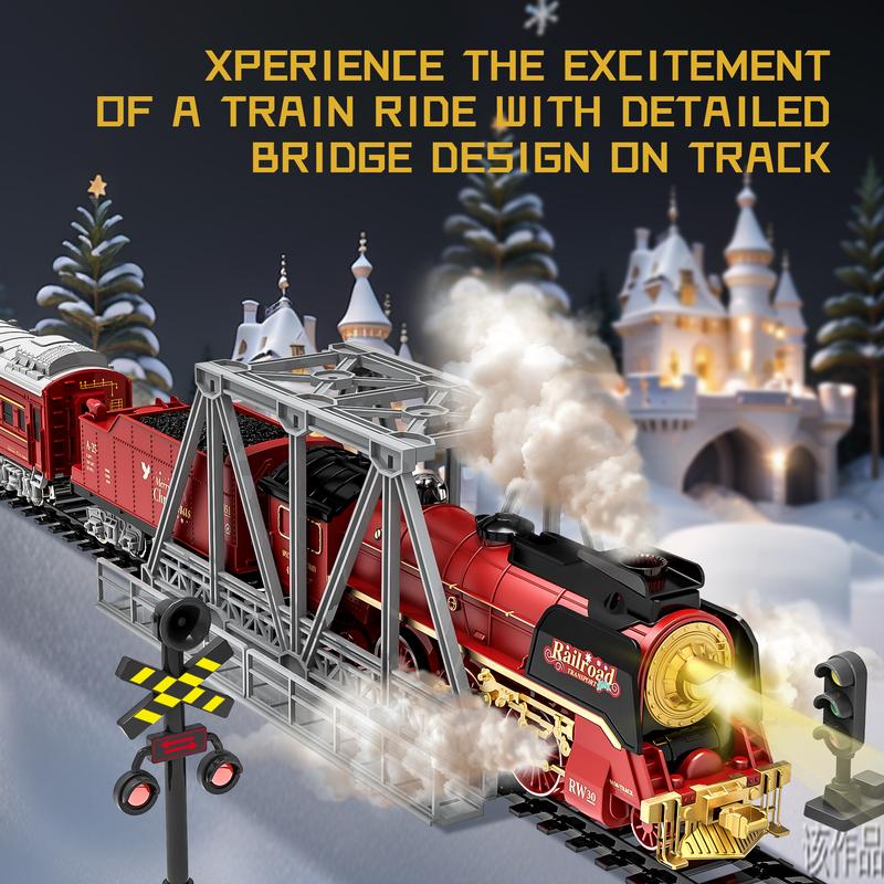 Christmas Train Set with Remote Control, Classic Steam Locomotive with Smoke, Light, and Sound Effects, Includes Track and Cargo Carriages, Perfect Holiday Decoration and Gift for Kids and Families