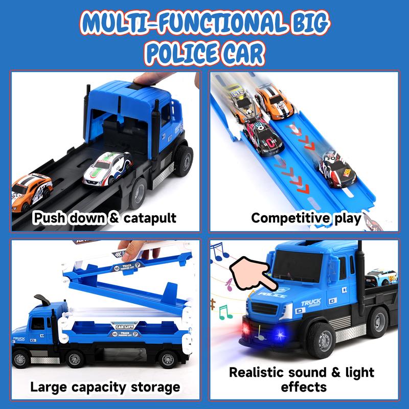 Big Transporter Truck Blue Toy Cars for Toddlers 3-5 with 55-Inch Ejection Race Track, Deform Catapulting and Shooting Folding Storage Car Carrier with 6 Race Cars for Kids Ages 3-5, 4-8