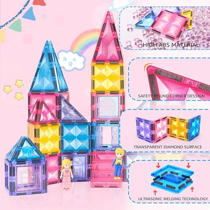 Magnetic Tile Castle 3D Building Block Set,Sensory STEM Educational Toddler Kids Toys,Pink,Birthday Gift for 3-8 Years Old