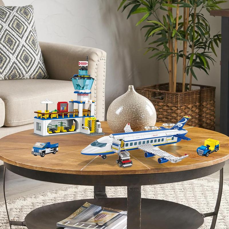 838 Piece Airport Passenger Terminal Building Blocks Set-6IN1 Airplane Building Blocks Toy, Creative Building Projectswith Shuttle Bus,Baggage Truck