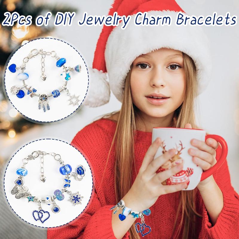 Advent Calendar Charm Bracelets 2024 for Girls, 24 Days Christmas Countdown Calendar DIY Bracelets Jewelry Making Kit with Blue Charm Beads Xmas Gift