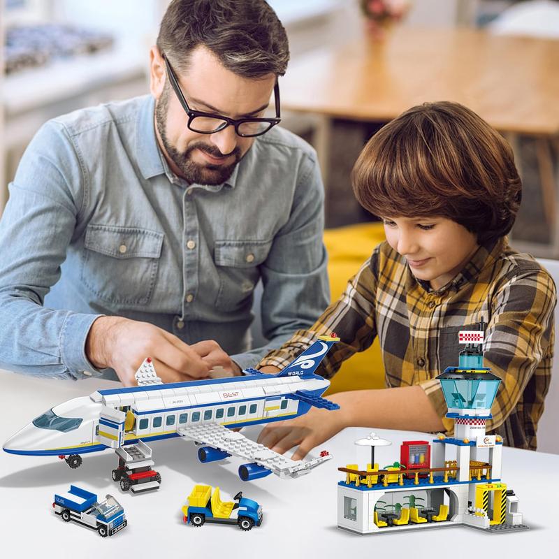 838 Piece Airport Passenger Terminal Building Blocks Set-6IN1 Airplane Building Blocks Toy, Creative Building Projectswith Shuttle Bus,Baggage Truck