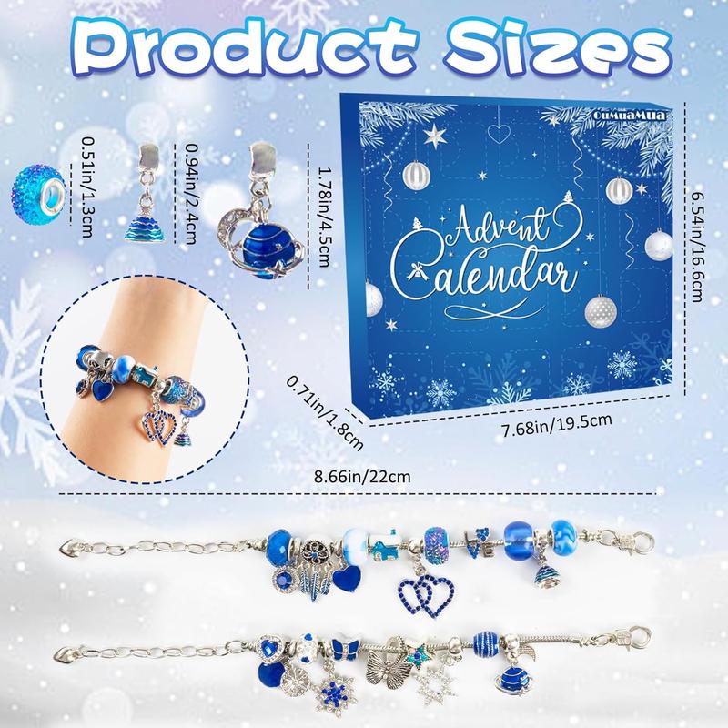 Advent Calendar Charm Bracelets 2024 for Girls, 24 Days Christmas Countdown Calendar DIY Bracelets Jewelry Making Kit with Blue Charm Beads Xmas Gift