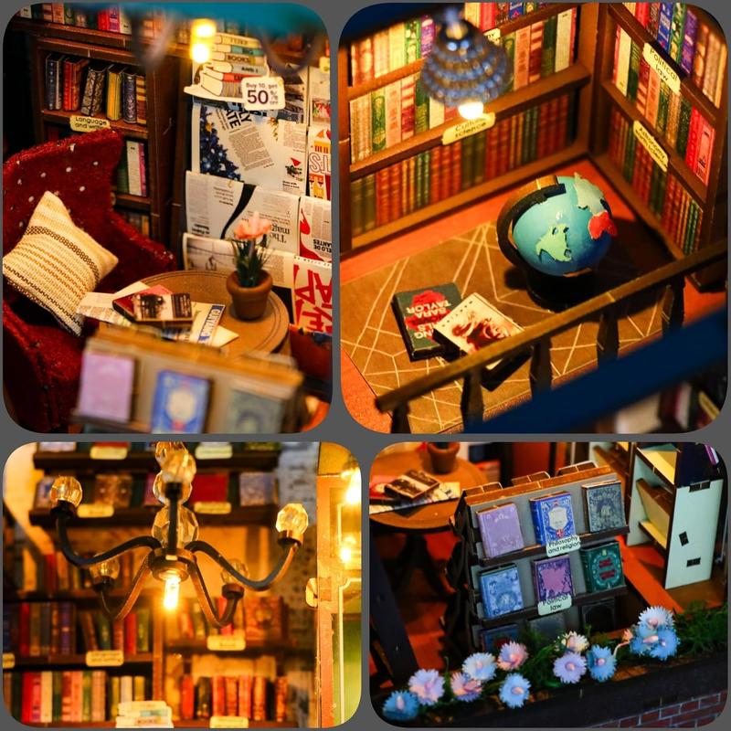 Book Nook DIY Miniatures Book Nook Kit Store 3D Creative Decorative Bookend Bookshelf Insert Wooden Puzzle with Led Suitable for Teenagers Adults Halloween Christmas Decoration Gifts, Blue