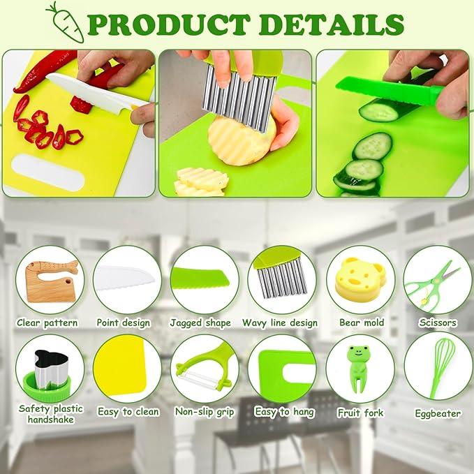 [Cooking Toy Set]Foster Skills & Fun Kids,Knives for Real Cooking,Wooden Kids Kitchen Knife Set Include Serrated Edges Plastic Knife,Crinkle Cutter Y Peeler Cutting Boards and Wood Safe Knife,13 17 28 Counts Cooking Set:Safe Culinary Tools For Kids