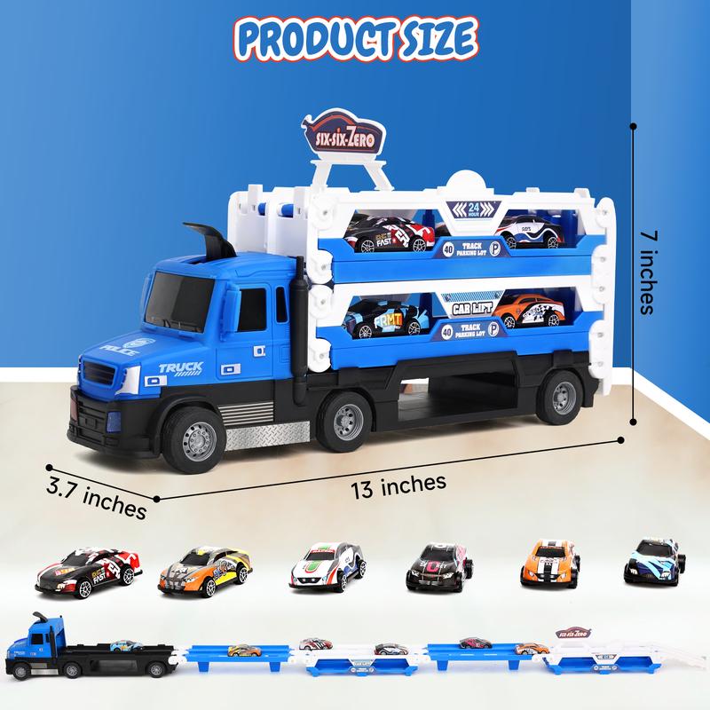 Big Transporter Truck Blue Toy Cars for Toddlers 3-5 with 55-Inch Ejection Race Track, Deform Catapulting and Shooting Folding Storage Car Carrier with 6 Race Cars for Kids Ages 3-5, 4-8