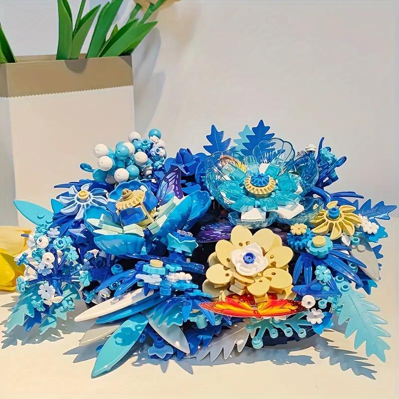 Blue flowers adult building set, centerpieces (917PCS), plant collection crafts for table or wall decoration, unique home decor gifts and exquisite gift boxes