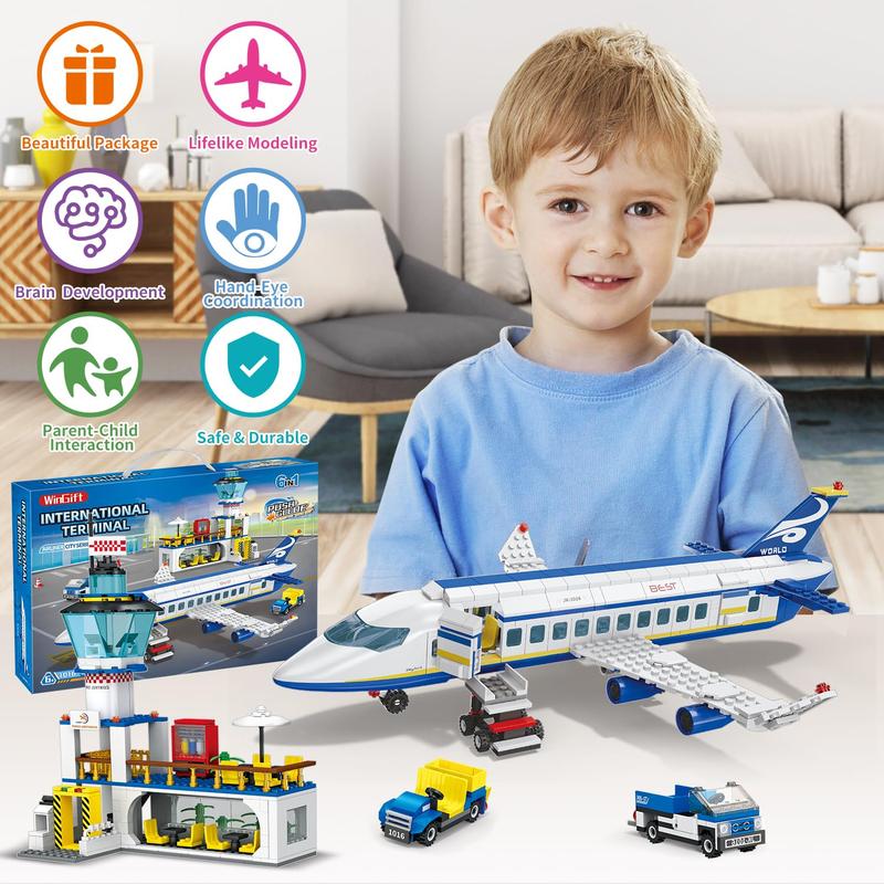 838 Piece Airport Passenger Terminal Building Blocks Set-6IN1 Airplane Building Blocks Toy, Creative Building Projectswith Shuttle Bus,Baggage Truck