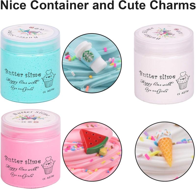 Christmas gift Slime Kit with 3 Pack Butter Slime, Pink Watermelon, White Ice Cream and Ocean Coffee for Girls and Boys