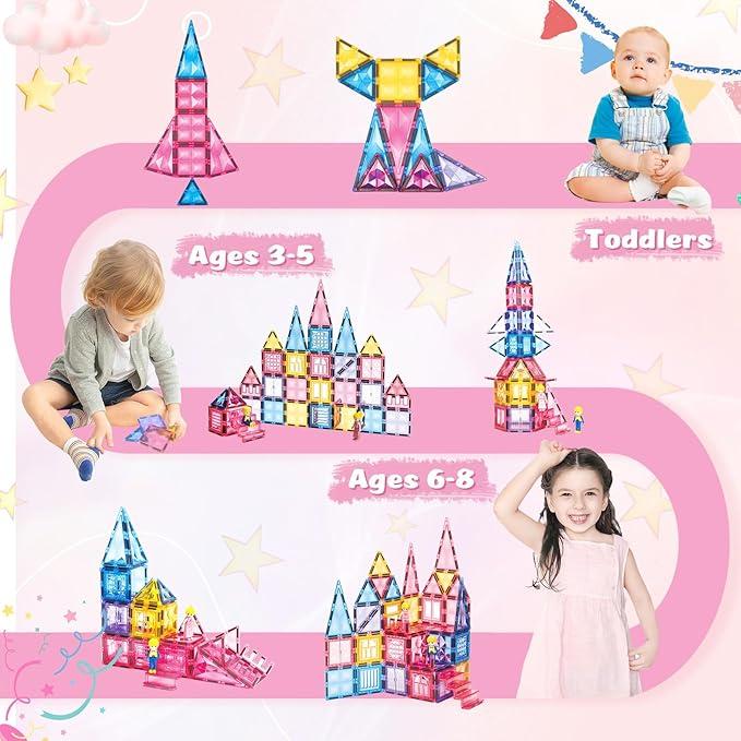 Magnetic Tile Castle 3D Building Block Set,Sensory STEM Educational Toddler Kids Toys,Pink,Birthday Gift for 3-8 Years Old