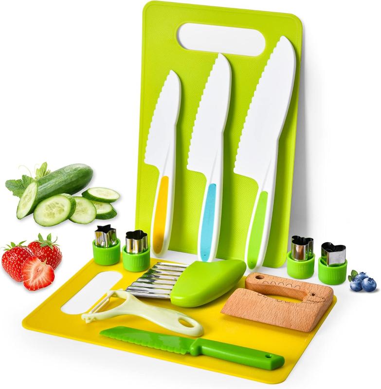 [Cooking Toy Set]Foster Skills & Fun Kids,Knives for Real Cooking,Wooden Kids Kitchen Knife Set Include Serrated Edges Plastic Knife,Crinkle Cutter Y Peeler Cutting Boards and Wood Safe Knife,13 17 28 Counts Cooking Set:Safe Culinary Tools For Kids