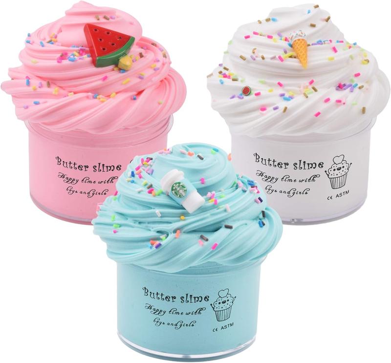 Christmas gift Slime Kit with 3 Pack Butter Slime, Pink Watermelon, White Ice Cream and Ocean Coffee for Girls and Boys