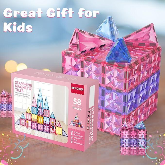 Magnetic Tile Castle 3D Building Block Set,Sensory STEM Educational Toddler Kids Toys,Pink,Birthday Gift for 3-8 Years Old