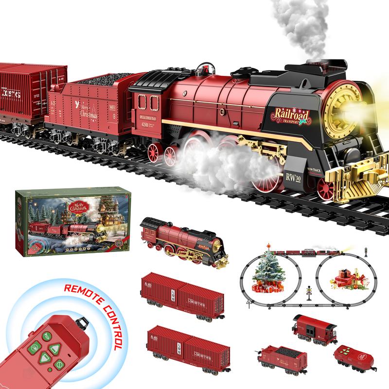 Christmas Train Set with Remote Control, Classic Steam Locomotive with Smoke, Light, and Sound Effects, Includes Track and Cargo Carriages, Perfect Holiday Decoration and Gift for Kids and Families