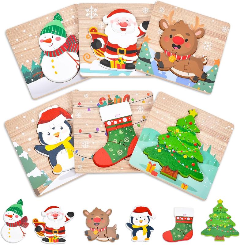 6 Pack Christmas Wooden Puzzles for Kids Christmas Stocking Stuffers for Toddlers 1-3 2-4 Toddler Christmas Toys Party Favors Gifts