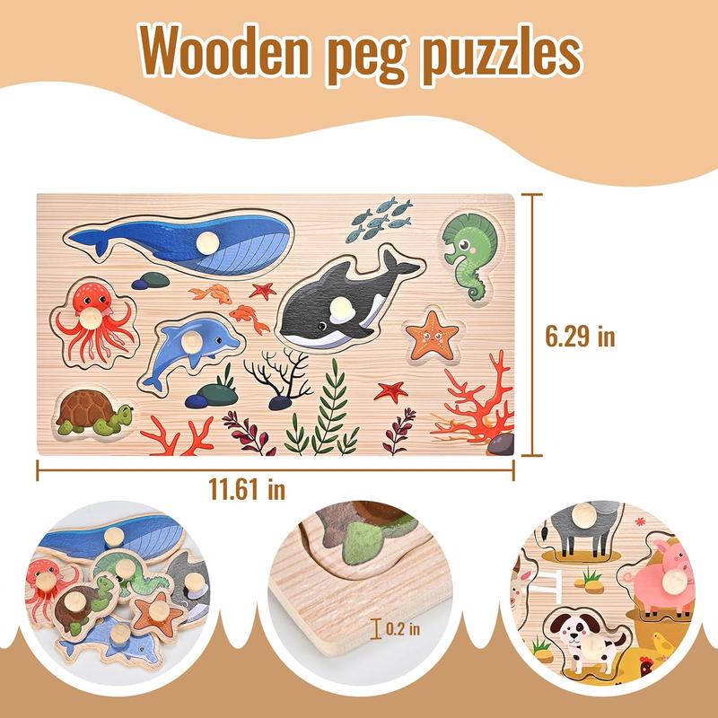 Wooden Peg Puzzles for Toddlers 1 2 3 Years Old, 2 Pack Montessori Educational Learning Puzzles Set, Toddler Puzzles Toy with Animal and Sea Themes, Great Preschool Present for Girls and Boys