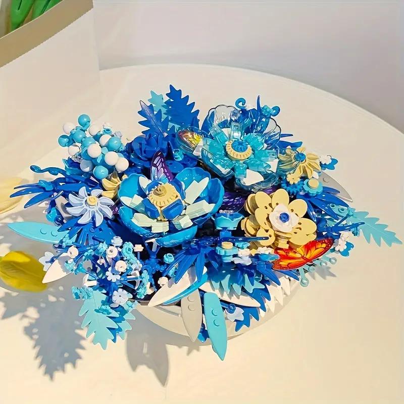 Blue flowers adult building set, centerpieces (917PCS), plant collection crafts for table or wall decoration, unique home decor gifts and exquisite gift boxes