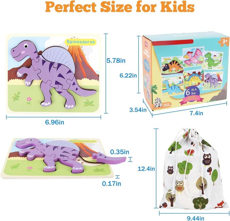 6 Pack Dinosaur Wooden Puzzles for Kids 3-5, Wooden Puzzles for Toddlers, Dinosaur Puzzles for Toddlers 3 4 5 Year Old, 3D Dinosaur Puzzles Educational Preschool Toys for Boys and Girls