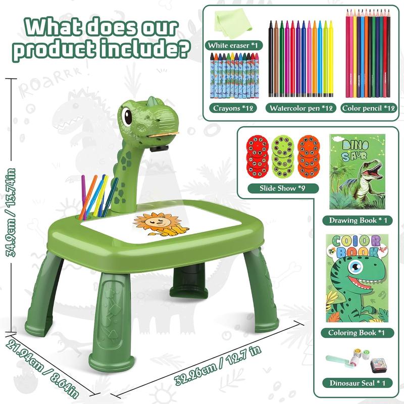 Dinasour Drawing Projector, Arts and Crafts for Boys, Contains Drawing Board with Music, Watercolor Pens, Pencils, Crayons, Scrapbook, Sticker Book, Unicorn Stickers, Stamps, Toys for Boys Age 3+