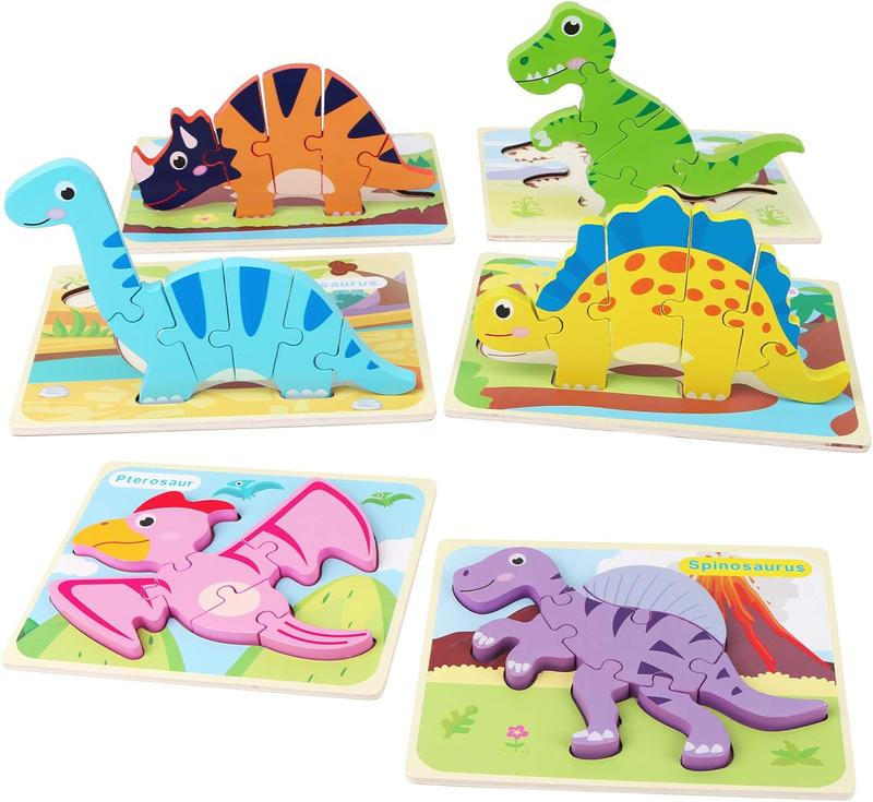 6 Pack Dinosaur Wooden Puzzles for Kids 3-5, Wooden Puzzles for Toddlers, Dinosaur Puzzles for Toddlers 3 4 5 Year Old, 3D Dinosaur Puzzles Educational Preschool Toys for Boys and Girls