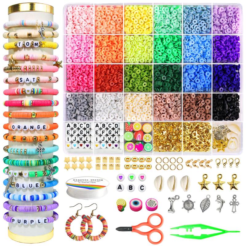 Clay Beads Bracelet Making Kit Friendship Preppy Flat Polymer Heishi Beads Jewelry Kits with Charms Gifts for Crafts DIY Arts Number beads Making Heart & Pattern Beads Fall & Winter