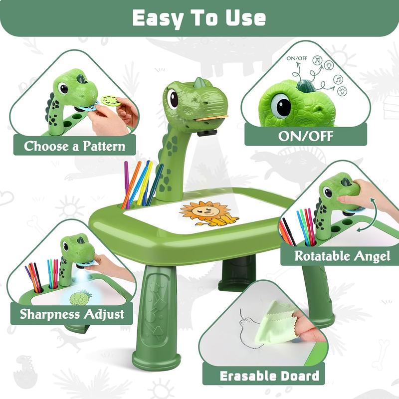 Dinasour Drawing Projector, Arts and Crafts for Boys, Contains Drawing Board with Music, Watercolor Pens, Pencils, Crayons, Scrapbook, Sticker Book, Unicorn Stickers, Stamps, Toys for Boys Age 3+